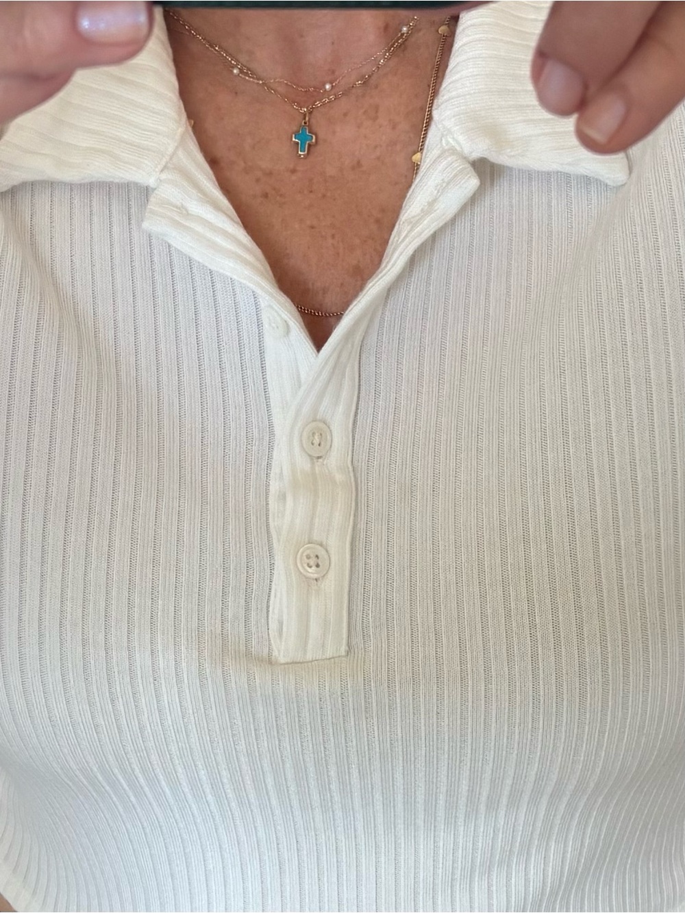 Reformation Jeans White Ribbed Knit Short Sleeve Polo Top - Size L - Picture 9 of 9